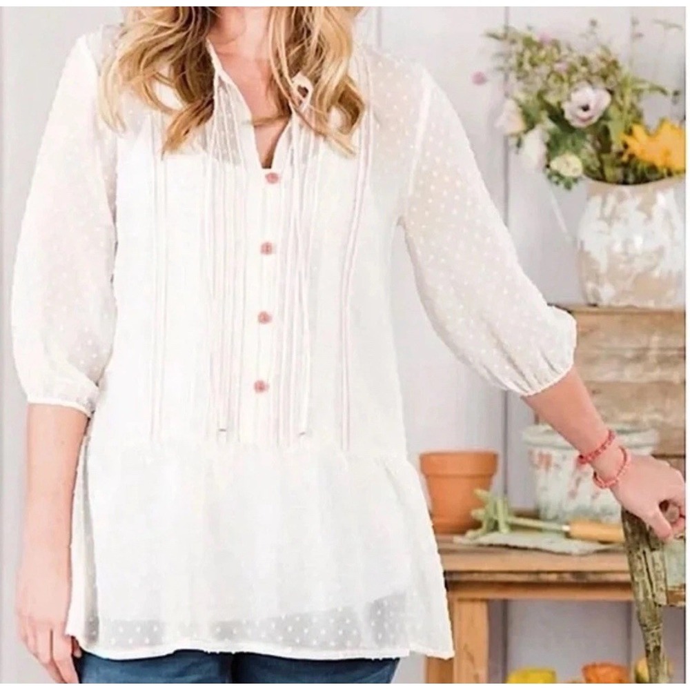 Matilda Jane Swiss‎ Dot Semi Sheer Tunic Blouse Pullover Peplum Ivory Cream Sz M